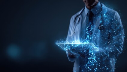 Doctor holding tablet with DNA graphic