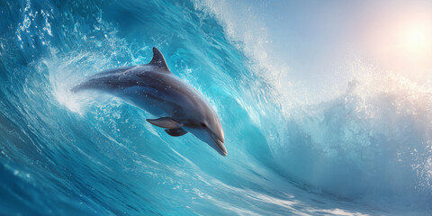 Naklejka premium Dolphin gliding through a wave under sunlight. A joyful symbol for World Whale and Dolphin Day, July 23.