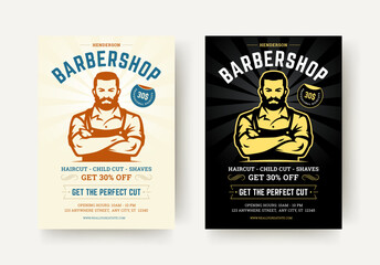 Professional barbershop flyer template with bold retro illustration, discount badge, and classic grooming details in clean symmetrical layout for advertising. Vector illustration
