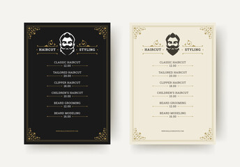 Elegant vintage barbershop price list flyer with detailed hair and beard service pricing, classic bearded icon, and ornamental layout elements. Vector illustration