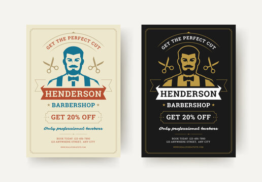 Barbershop flyer layout featuring a traditional barber character, decorative frame, scissors graphics and discount label in a clean retro design. Vector illustration