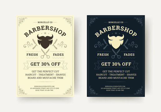 Vintage style barbershop flyer design with classic beard graphic, scissors and razors icon, ornate corners and discount banner for grooming services. Vector illustration