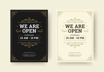 Elegant barbershop announcement flyer with decorative frame, bold typography, and vintage styling to inform about working hours. Perfect for promotion and branding. Vector illustration