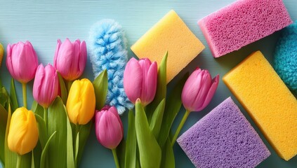 Spring cleaning supplies, colorful tulips, and cleaning sponges
