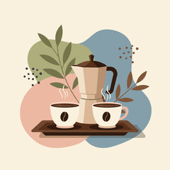 Moka pot and coffee cups on tray – pastel coffee icon
