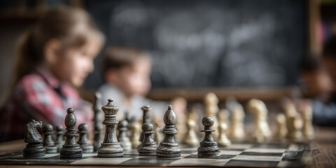 Chessboard in focus with children blurred in background, classroom learning and gameplay. A playful strategy moment for Chess Day — July 20.