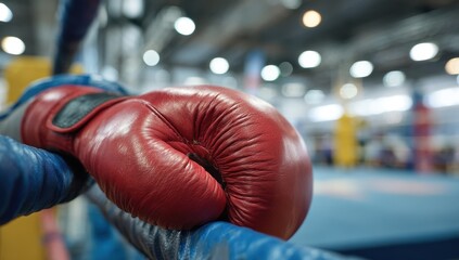 Red boxing glove resting on ropes