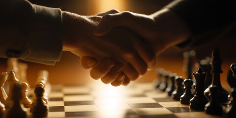 Chessboard handshake in golden light, symbolizing respect and unity in the game. Celebrate Chess Day &mdash; July 20 with tradition and grace.