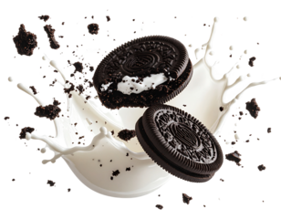 3D Render of Flying Oreo Cookies with Crumbs and Milk Splash, Isolated on a Transparent Background