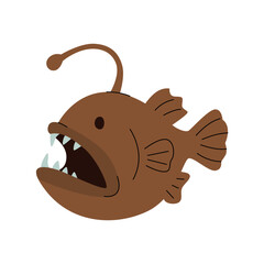 Flat illustration of a brown anglerfish with sharp teeth and a glowing lure. Deep sea creature design, ideal for marine biology themes, underwater exploration, and educational graphics. Vector