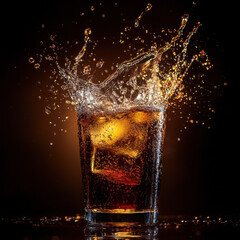 Refreshing glass of cola with ice cubes and splashing water against a dark background