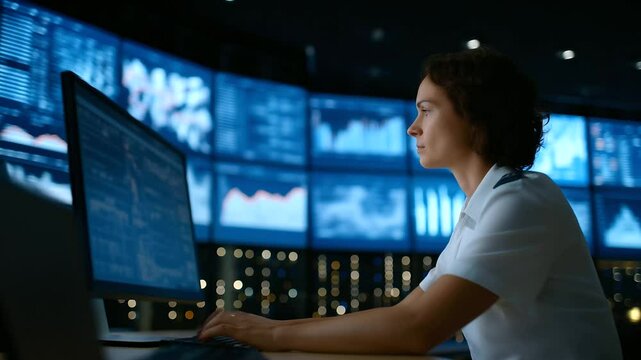 Tax Auditor in Control Room with Secure Server and Data Screens