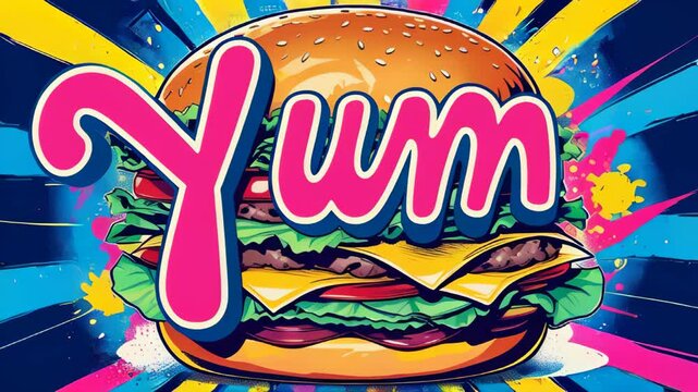 video of  vibrant pop art depiction of a tasty hamburger stacked with cheese, lettuce, and tomato, set against a bold burst background with the word 'YUM' highlighted in eye-catching style
