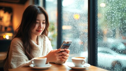 Young woman in cozy cafe using smartphone while enjoying coffee with rain outside the window