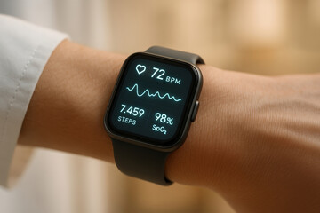 Smartwatch on wrist showing heart rate steps and oxygen level wearable health monitor displaying 72 BPM 7 459 steps and 98% SpO2 modern fitness tracker with black strap on arm