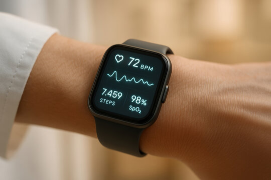 Smartwatch on wrist showing heart rate steps and oxygen level wearable health monitor displaying 72 BPM 7 459 steps and 98% SpO2 modern fitness tracker with black strap on arm