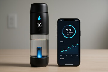 Smart water bottle with digital hydration tracking and mobile app showing daily water intake progress and consumption graph on wooden table