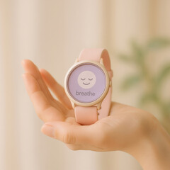 Fototapeta premium Close up of hand holding smartwatch with pink strap displaying calming breathe reminder on screen, promoting emotional well being and mindfulness