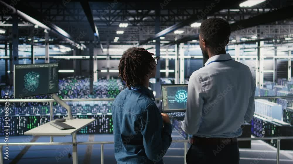 Poster data center team on industrial platform collaborating to maintain servers using artificial intellige