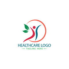 Green wellness and healthcare logo design-abstract human figures with green leaves and healthy lifestyle