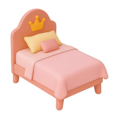 Princess style pastel pink king size bed with golden crown emblem, Isometric 3D, Transparent Background