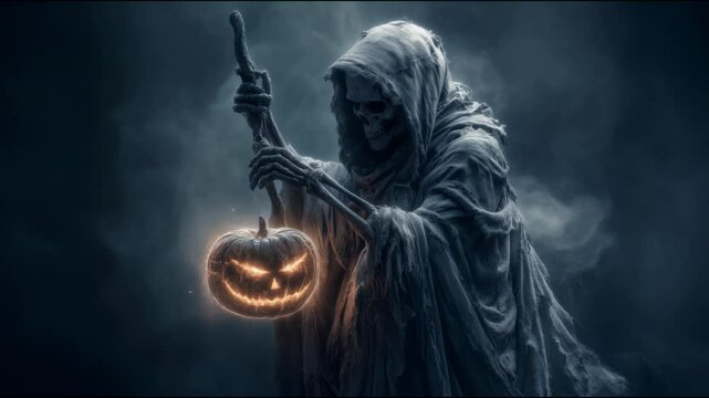 Grim Reaper with Glowing Scythe and Jack-o&rsquo;-Lantern. dark background halloween horror spooky spectral apparition scary ethereal entity haunted motion video