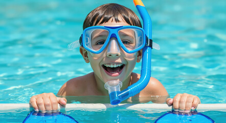Happy boy in blue snorkel mask and gear smiling in swimming pool water. Summer swimming and water activities concept for vacation and pool safety programs