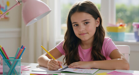 Smiling girl writing in notebook with yellow pencil at colorful desk with lamp. Homework activities for educational learning and creative writing development