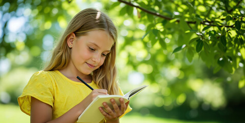 Focused girl in yellow shirt writing in notebook with pencil under green tree shade. Educational activities and outdoor learning concept for school programs