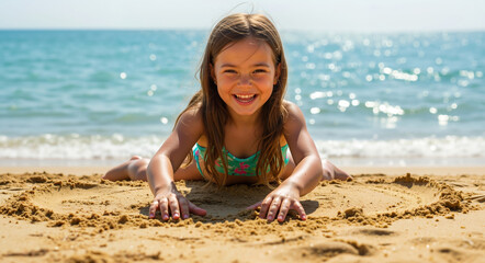 Smiling girl in green floral swimsuit lying on sandy beach with sparkling ocean waves. Beach relaxation and summer joy concept for vacation and coastal activities