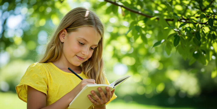 Focused girl in yellow shirt writing in notebook with pencil under green tree shade. Educational activities and outdoor learning concept for school programs