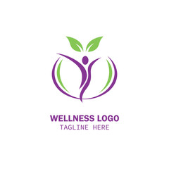 Green wellness and healthcare logo design-abstract human figures with green leaves and healthy lifestyle