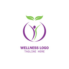 Fototapeta premium Green wellness and healthcare logo design-abstract human figures with green leaves and healthy lifestyle
