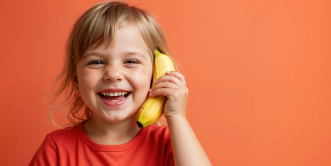 Happy girl holding yellow banana like telephone laughing against orange background. Imaginative play for creative expression and silly pretend activities