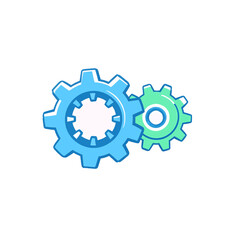 Two interlocking gears one blue and one green on a white background view