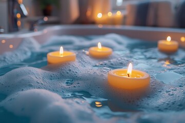 Relaxing bath, candles, foam, bathroom, spa