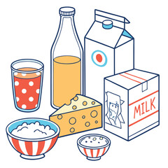 Colorful Dairy Products Illustration – Milk, Cheese, Yogurt, and Juice Assortment for Healthy Eating