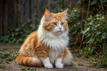 orange and white cat with fluffy fur sitting on ground