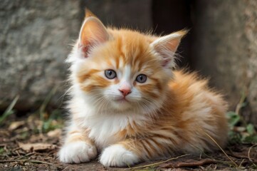 orange and white kitten with fluffy fur sitting on ground