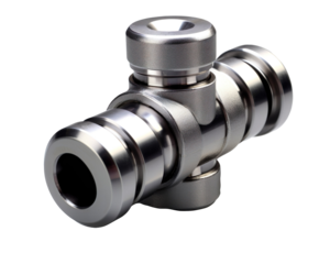 The rusted metal coupling pipe fixture with universal joints exhibits an aged industrial aesthetic on a clean white backdrop conveying a sense of mechanical history on a transparent background