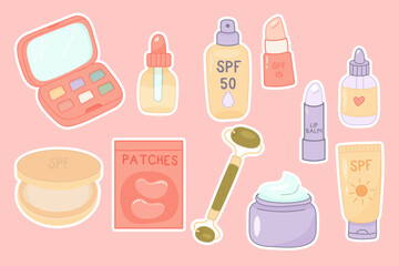 Skincare and makeup product icons on pink background
