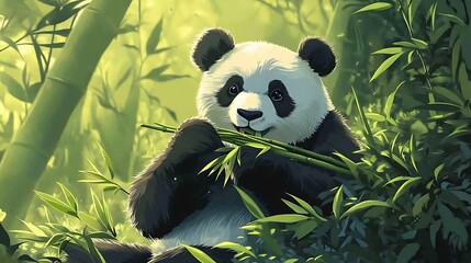 Panda enjoying bamboo in a lush bamboo forest.