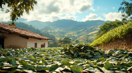 Coca leaves are spread out in the sun to dry against a backdrop of rolling hills and mountains. The setting is a rural area in South America, highlighting local agricultural practices