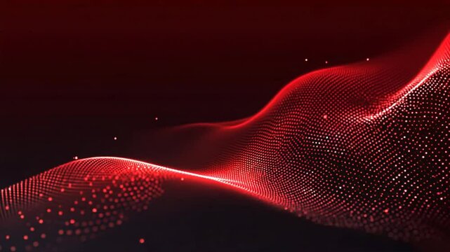 Red digital background showing curved wave of small glowing dots, abstract concept of tech flow and network grid in modern digital mesh style - Powered by Adobe