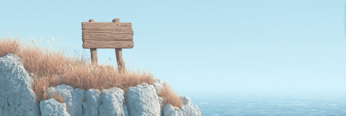 Weathered wooden sign atop windy cliff, whispering tales to unending azure horizon, perfect for Coastal Cleanup Day reverie