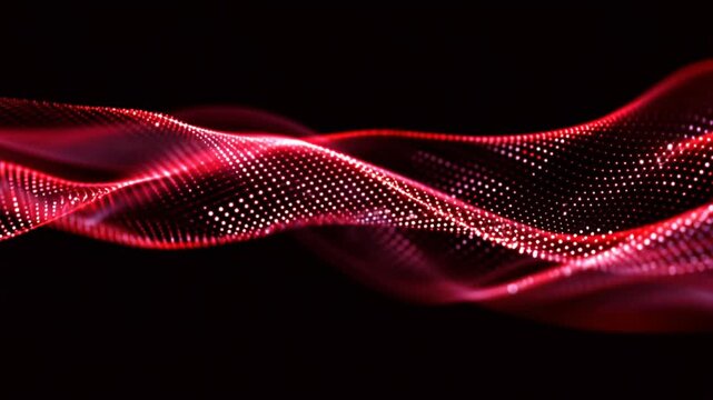 Red dots connected in a wave shape on dark backdrop, abstract digital mesh and tech flow visualization of data within a network grid system - Powered by Adobe