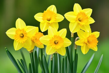 Five bright yellow daffodils in spring bloom.