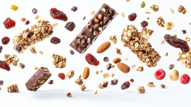 Multiple granola bars and assorted dried fruits, nuts, and chocolate pieces suspended in mid-air against a stark white background.  The image showcases a vibrant, healthy snack concept