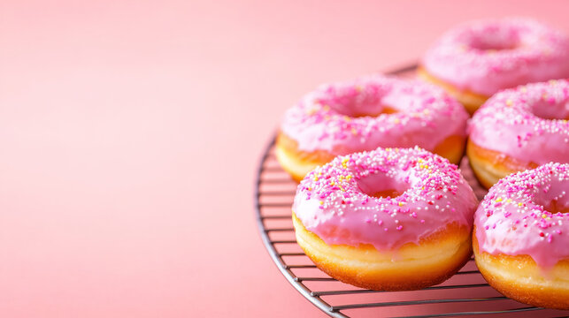 Fluffy pink-sprinkled donuts on a cooling rack, tempting indulgence for National Donut Day and whimsical brunch gatherings