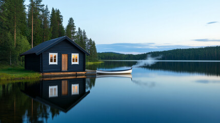 Fototapeta premium Cozy lakeside cabin mirrors on tranquil Finnish waters, Nordic midsummer silence evokes serenity, hygge retreat, peaceful reflection